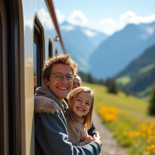 Family enjoying Swiss panoramic train with alpine backdrop